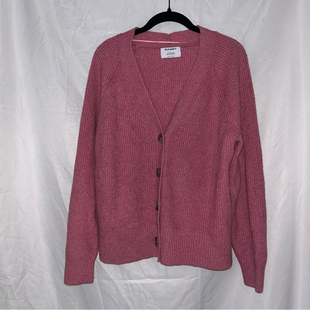 Old Navy Cardigan Sweater Knit Ribbed Hems Big Button Front Long Sleeve L